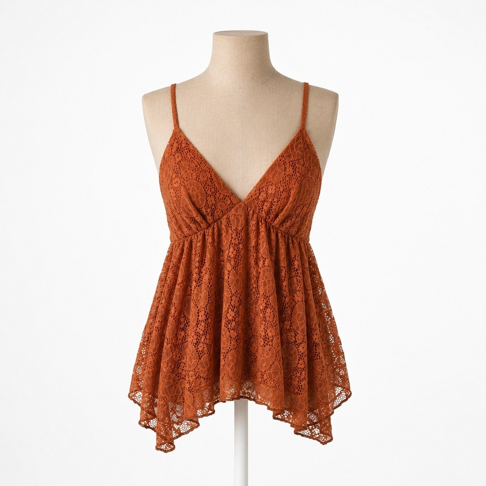 Y2K Floral Lace Babydoll Cami Tank Size M Rust Orange Asymmetrical Indie Boho‎